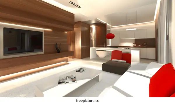 Modern Living Room Interior Design with Red Pillows and White Sofa
