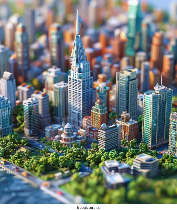 Miniature Cityscape with Skyscrapers and Lush Greenery