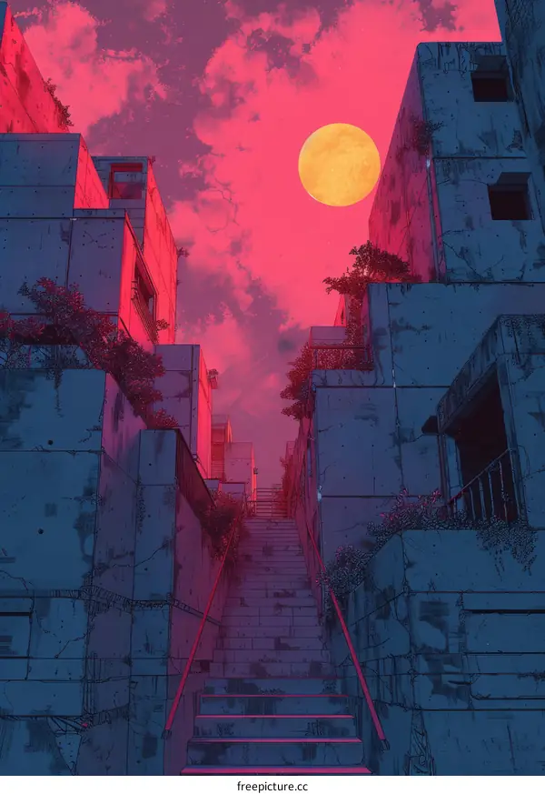 A staircase leads up to a moonlit city