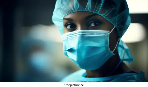 Portrait of a young female surgeon wearing a surgical mask and cap