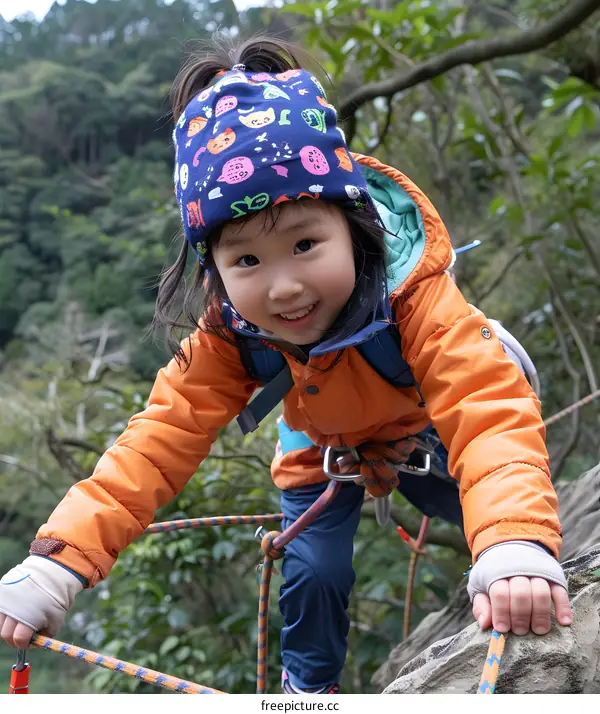 Little Girl Climber In Orange Jacket And Hat