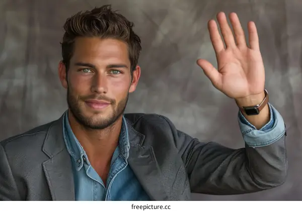 Portrait of a handsome young man with green eyes and dark hair wearing a blue shirt and gray jacket