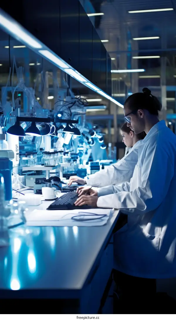 Two scientists working in a lab wearing lab coats