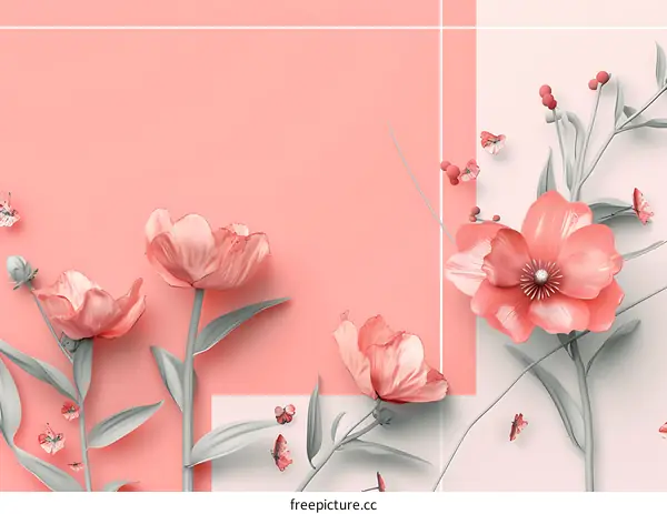 Pink Flowers and Butterflies on a Peach and White Background