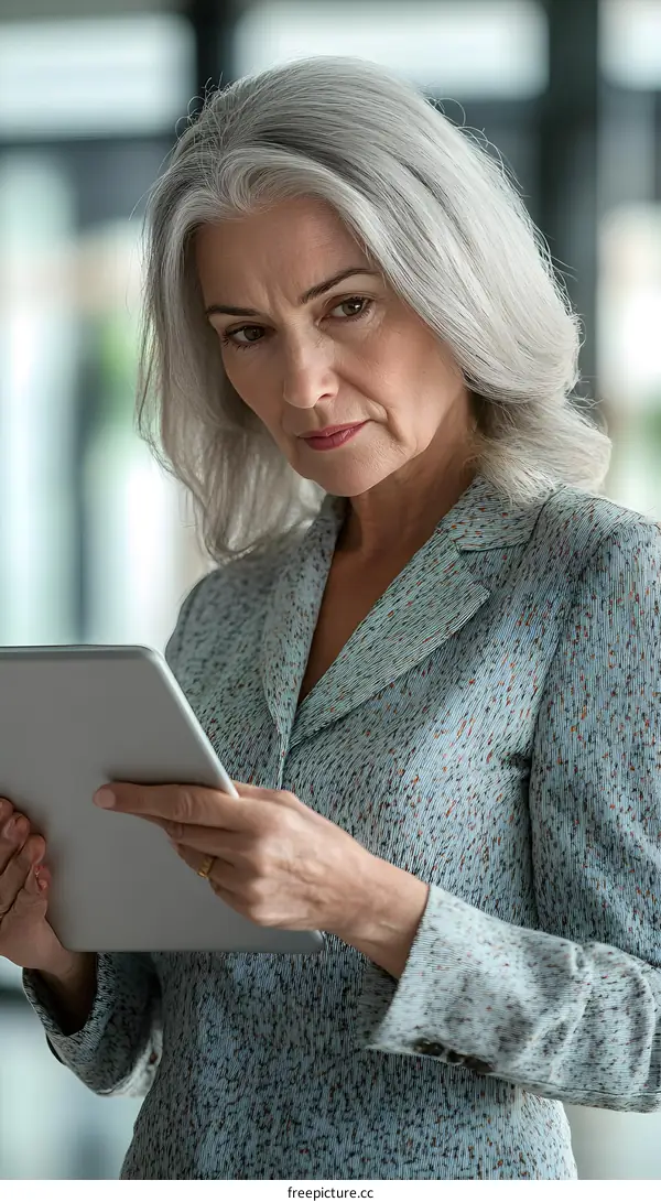 Serious Caucasian Woman Uses Tablet for Work in Office