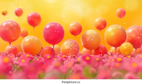 Pink and orange spheres float above a field of pink flowers