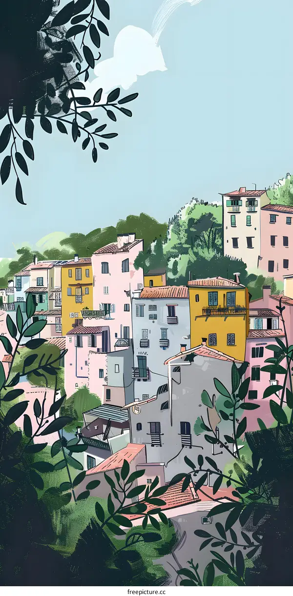 Colorful Buildings in a Sunny Day Illustration