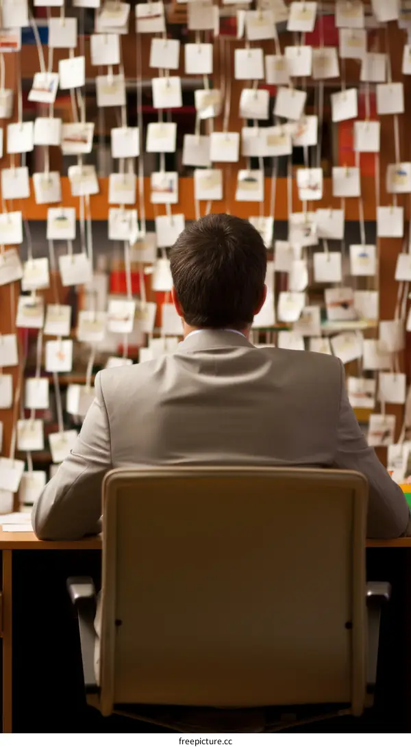 A businessman looking at a wall full of photos