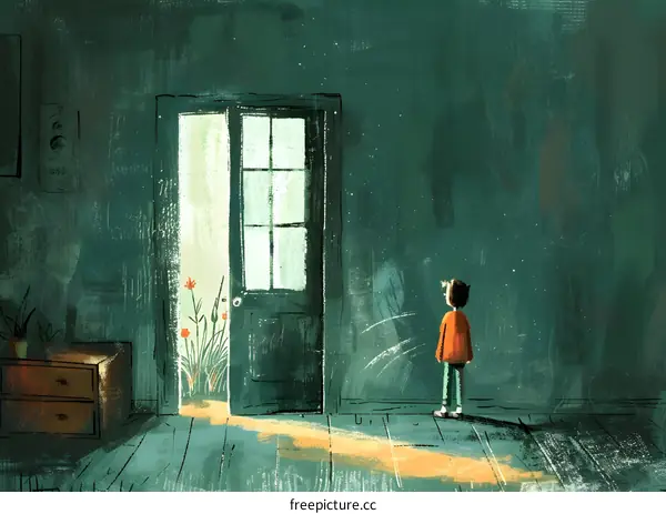 boy looking out the door