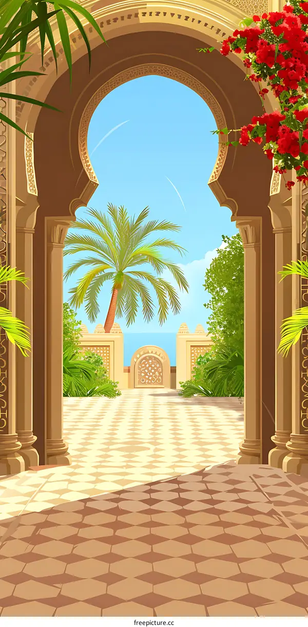 Archway with Palm Tree and  Mediterranean Style Garden
