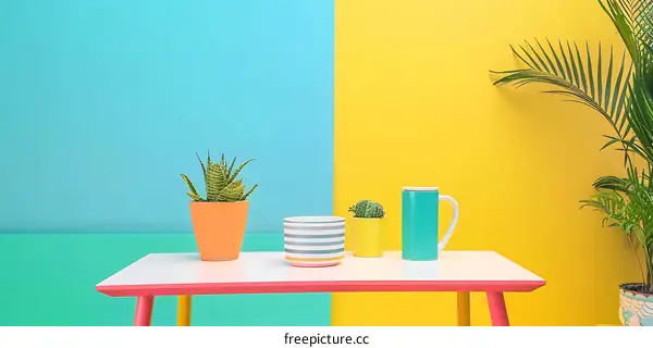 Colorful Table with Plants and Cup