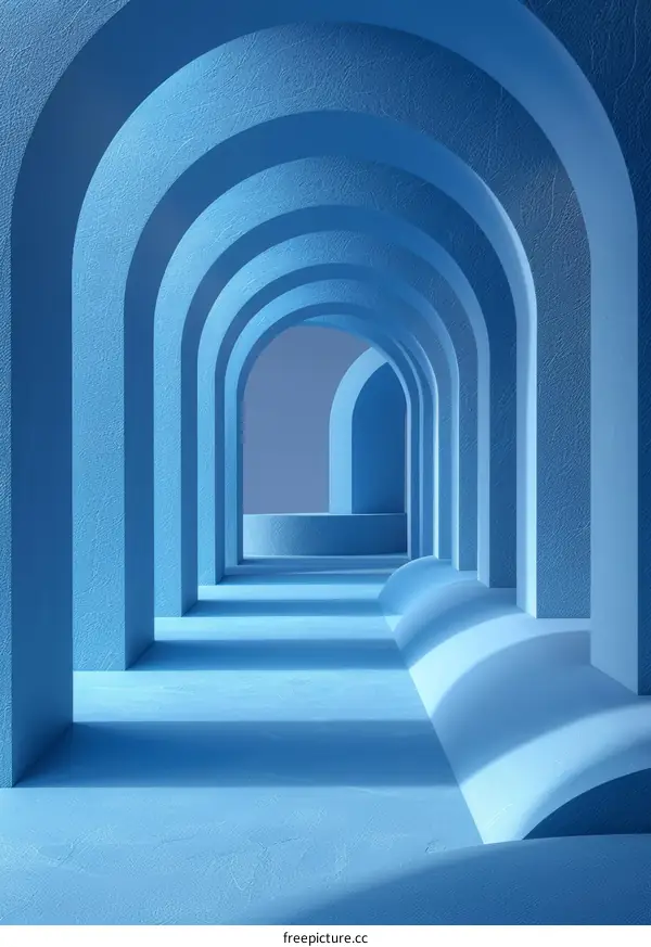 Blue Arched Corridor with Bright Spotlight