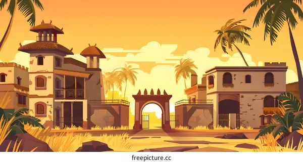 Sunset View of Ancient Arabian Buildings and Archway
