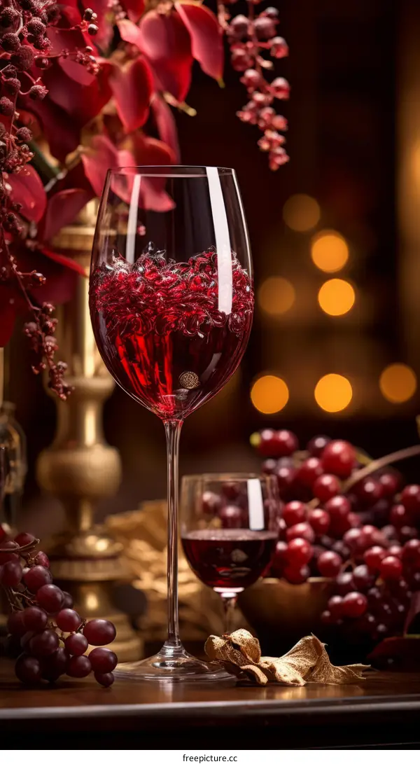 Elegant red wine glass with grapes