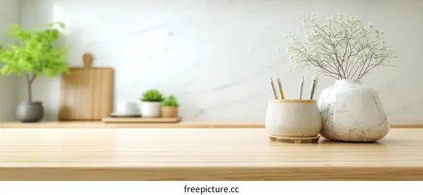 Modern Wooden Tabletop Decor with Vases and Plants