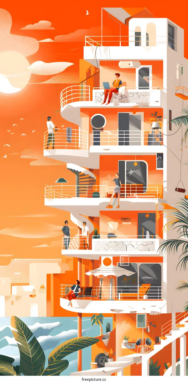 Modern Architecture with People on Balconies