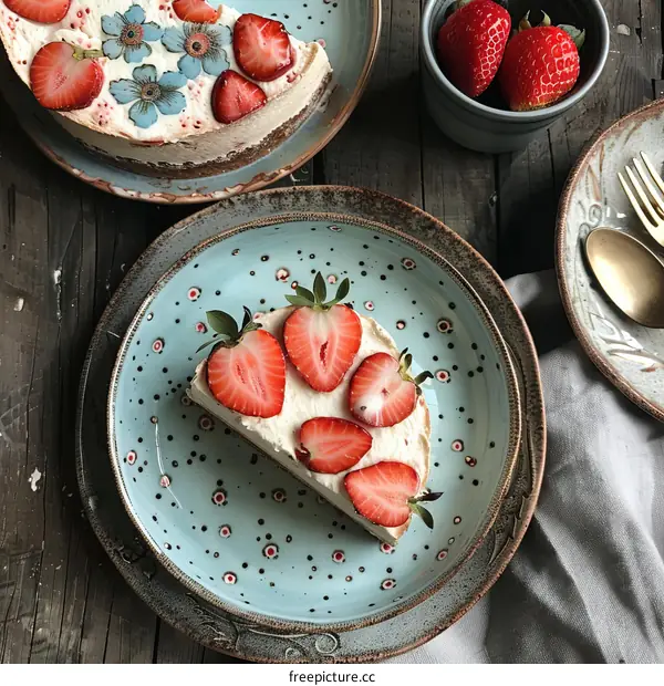 Cheesecake with strawberries on a blue plate