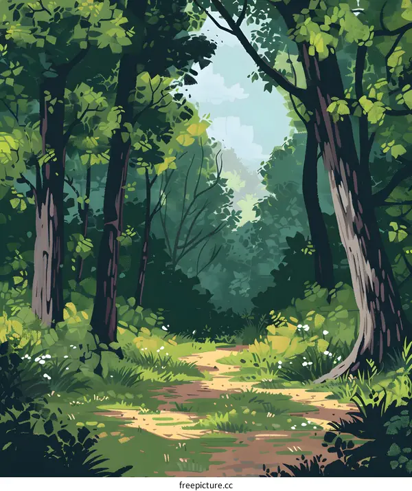 Green Forest Path with Trees and Sunlight