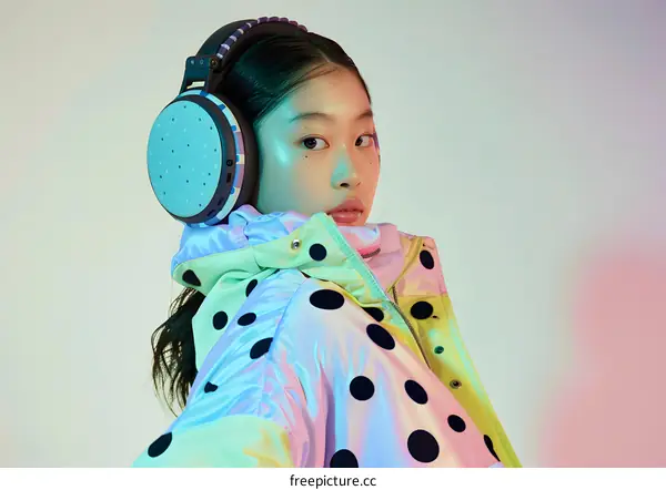Young Asian Woman Wearing Headphones and Colorful Jacket