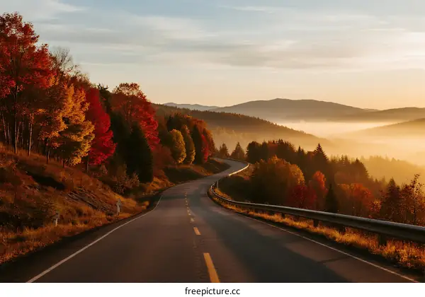Scenic autumn road winding through colorful forest and misty mountains