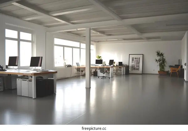 Modern Office Interior Design with Large Windows and Minimalist Furniture