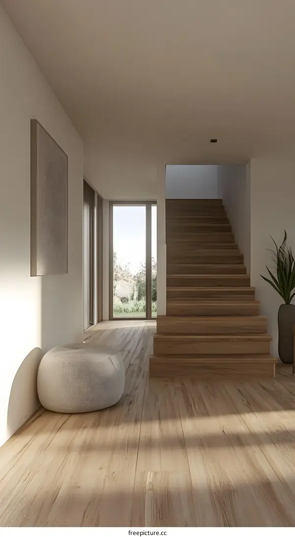 Minimalist Modern Home Interior Design With Wooden Staircase And Natural Light