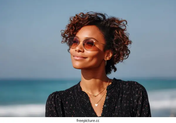 Woman Outdoors with Sunglasses by the Ocean