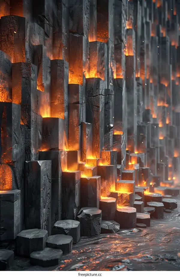 Glowing basalt columns in a dark cave