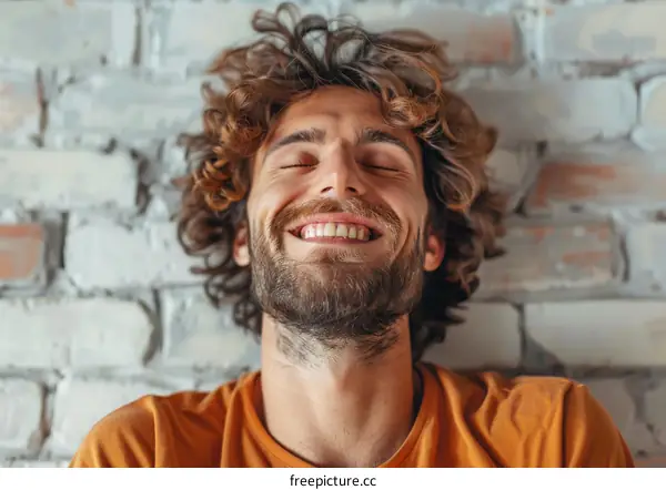 Happy Man Smiling Against Brick Wall