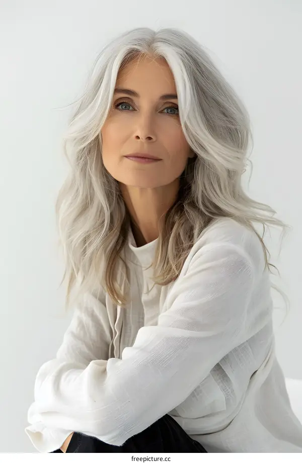 portrait of a beautiful middle aged woman with gray hair