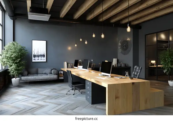 Modern Industrial Office Space with Wooden Desk