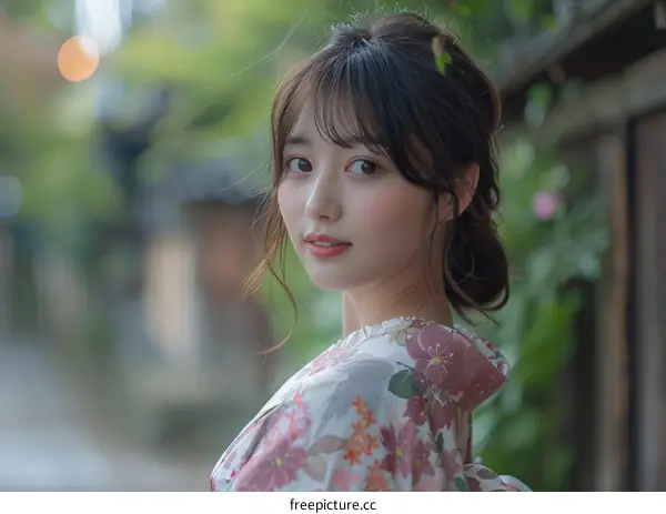 Asian Woman in Traditional Japanese Kimono Outdoor Portrait