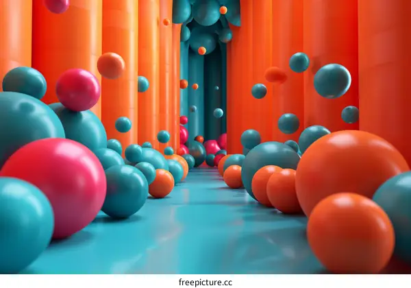 Surreal Corridor with Orange and Blue Spheres