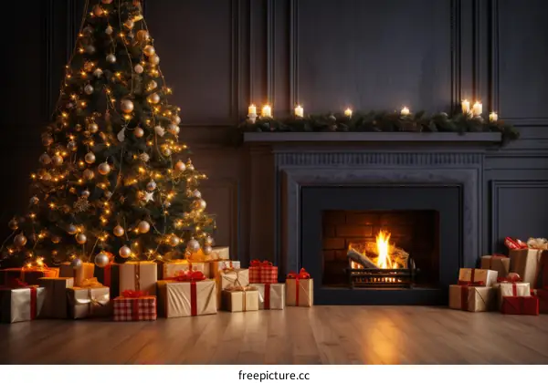 Christmas tree with presents in front of a fireplace