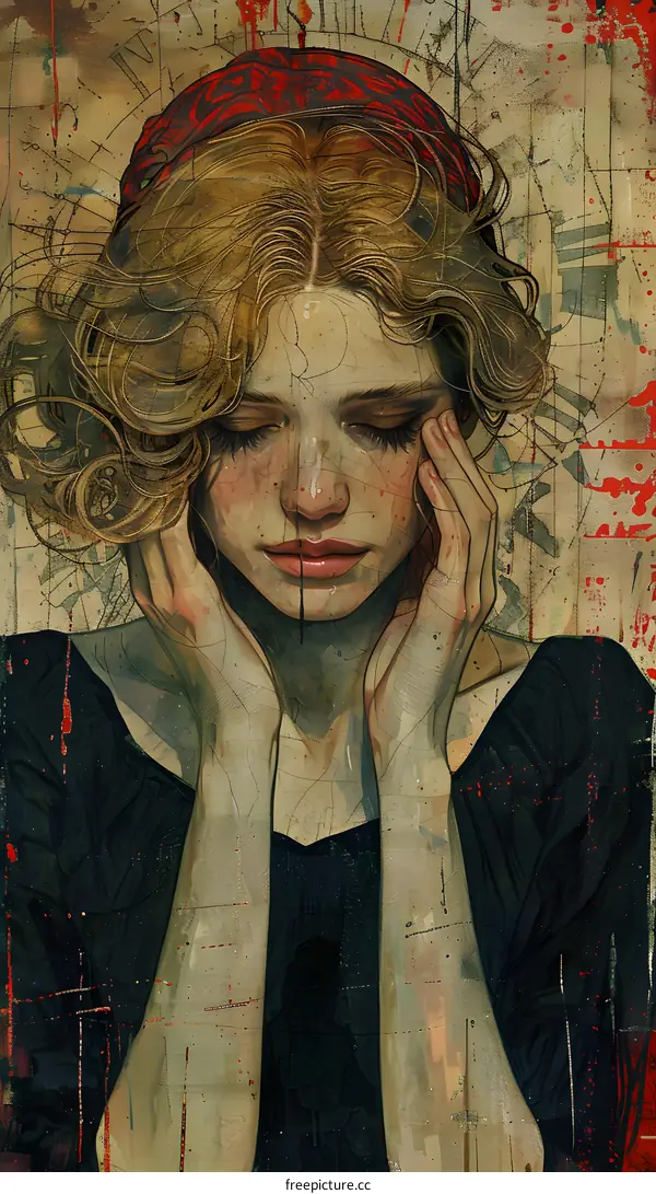 Portrait of a Woman with Red Headscarf and Closed Eyes