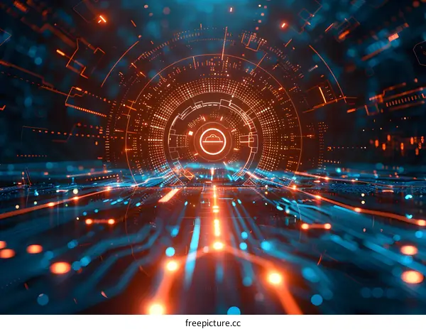 Orange and blue technology background with a glowing cloud icon in the center