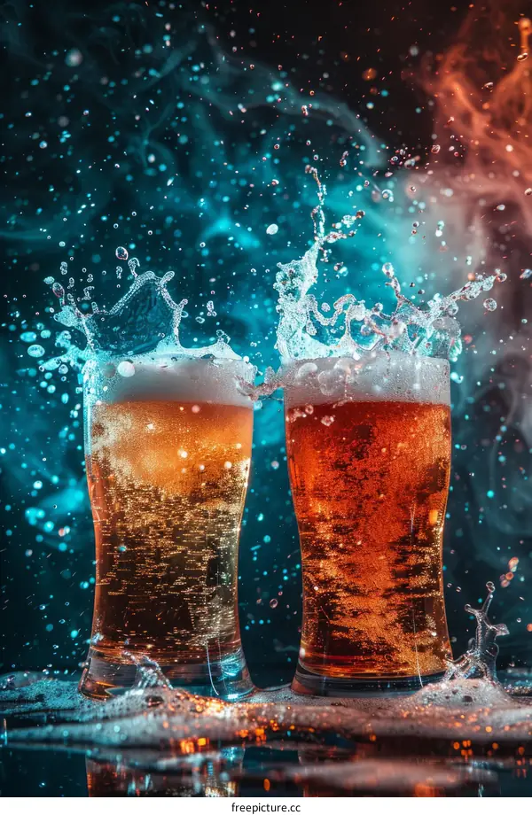 Beer glasses with splashing beer and foam
