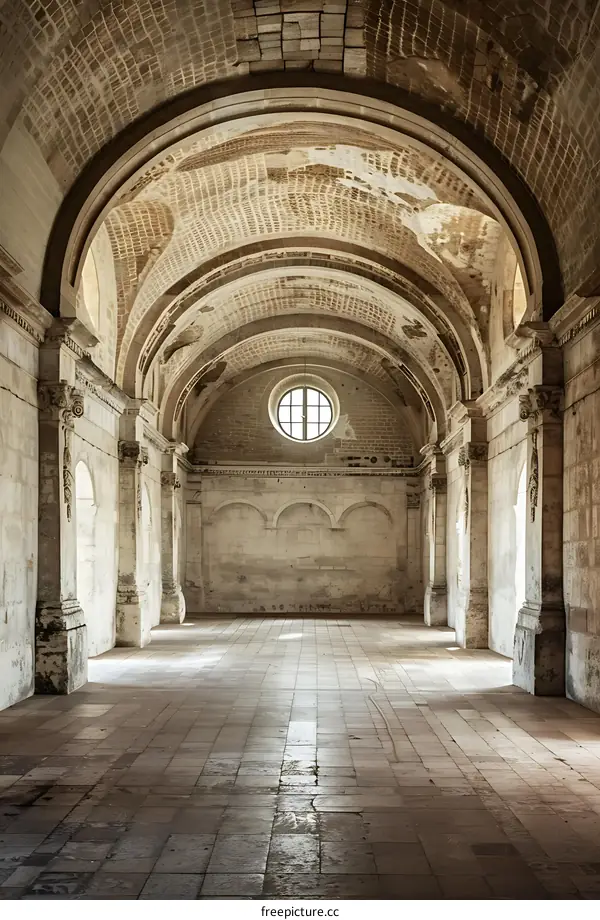 Old Stone Archway Interior With Light Through Round Window