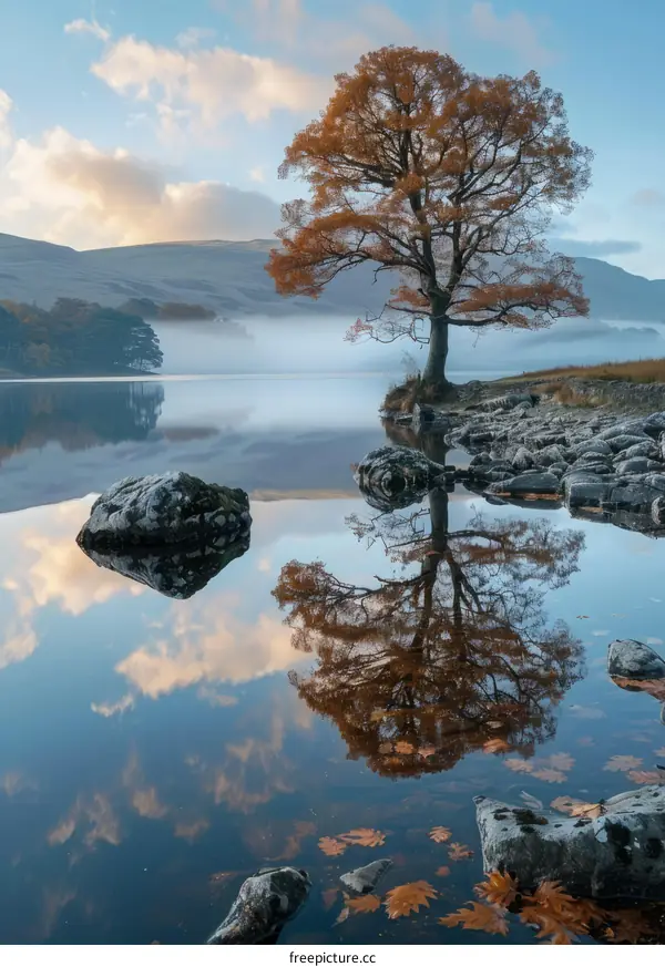 Autumn Reflections: A Picturesque Lake with a Solitary Tree