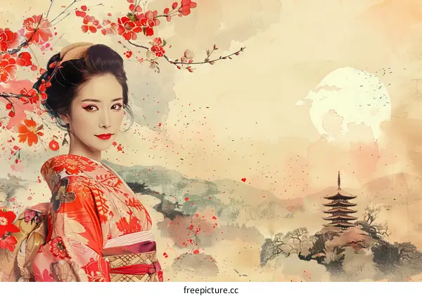 An Asian woman in traditional Japanese clothing standing in a field of cherry blossoms with a pagoda in the background.