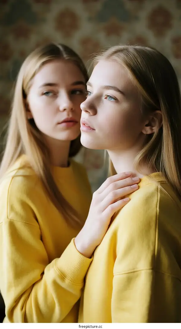 Two Young Blond Women Wearing Yellow Sweaters Looking Away