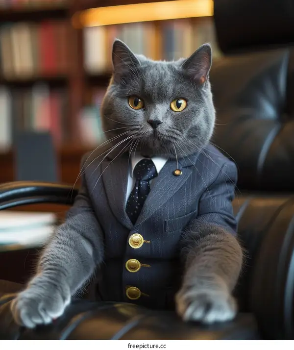 A gray cat wearing a suit and tie is sitting in a leather chair and looking at the camera.