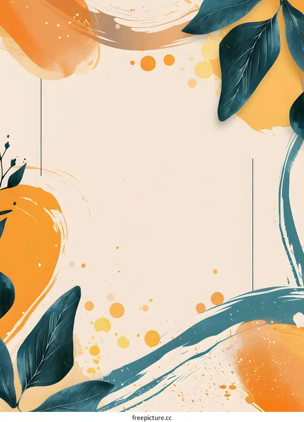 Abstract Painting with Leaves and  Orange and Blue Swirls