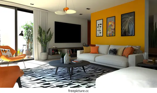 Modern Living Room Interior Design with Yellow Wall and Zebra Rug