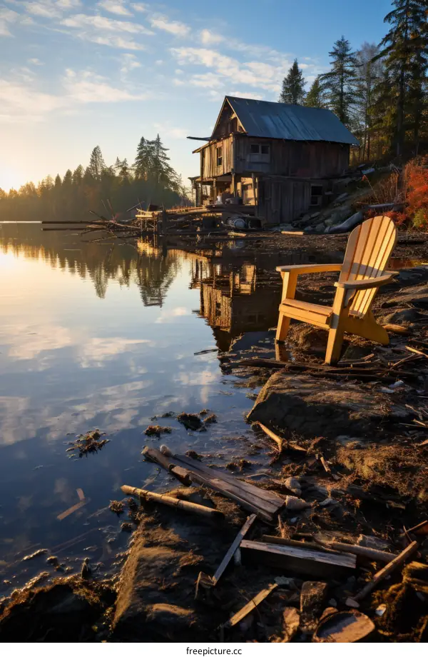 Wooden house on lake at sunrise with yellow chair in foreground