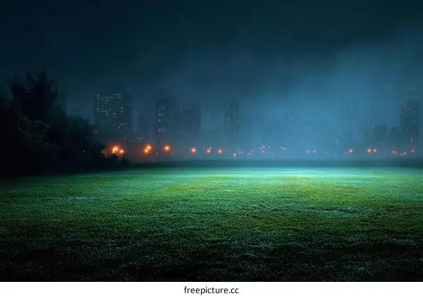 Misty Nighttime City Park Landscape