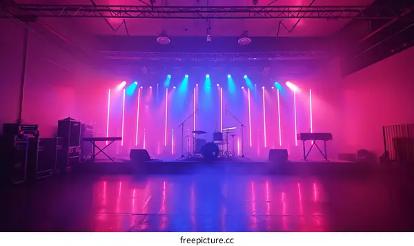 Stage with Pink and Blue Lights and a Drum Set in the Middle