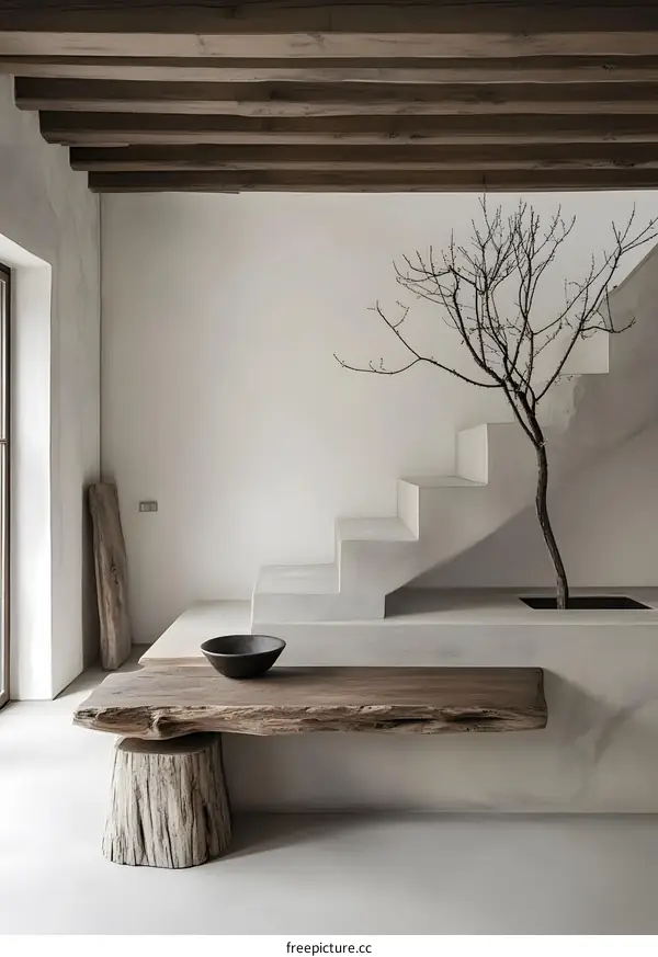 Minimalist Interior Design with Wooden Beams and Concrete Stairs