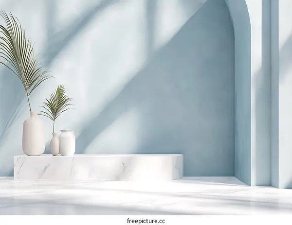 Minimalist Blue Wall With Marble Base And White Vases