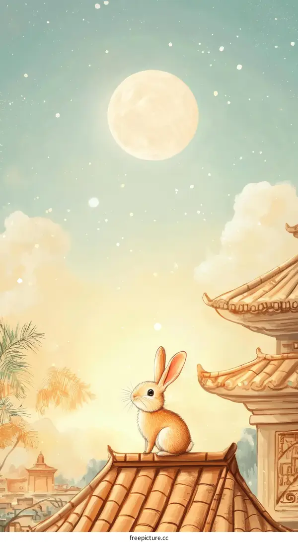 Mid-Autumn Festival Rabbit on a Roof Illustration